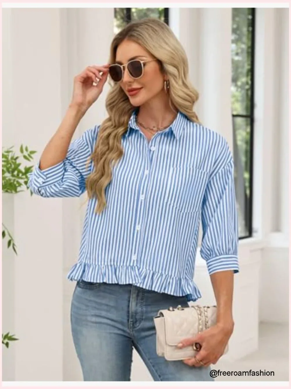 Womens 3/4 Sleeve Button Down Ruffle Babydoll Blouse Loose Fit Striped - Picture 6 of 7
